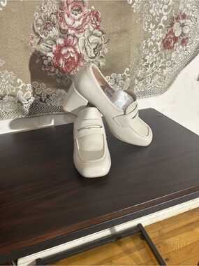 Cream Block Heel Loafers for Women - Classic Slip-On Style